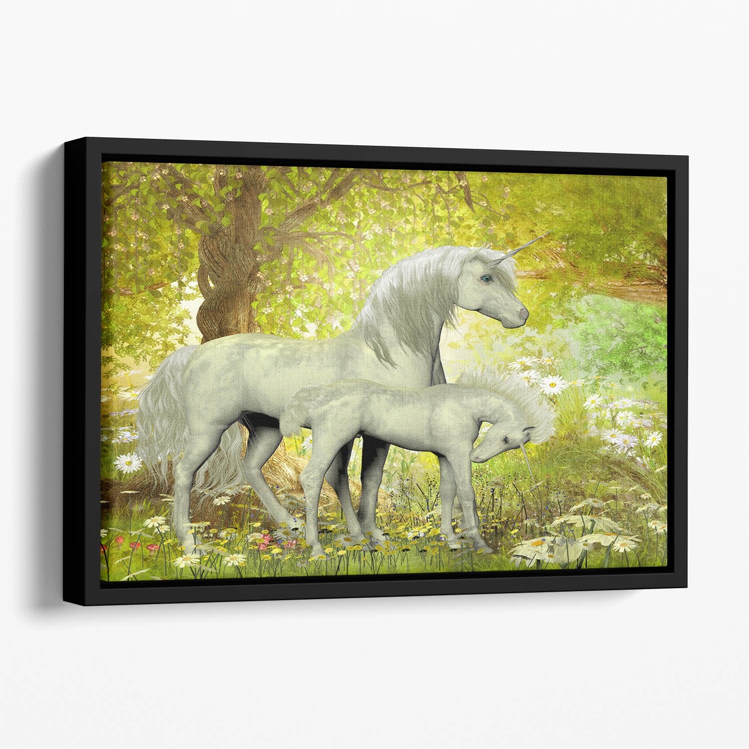 Unicorns and White Daisies Floating Framed Canvas