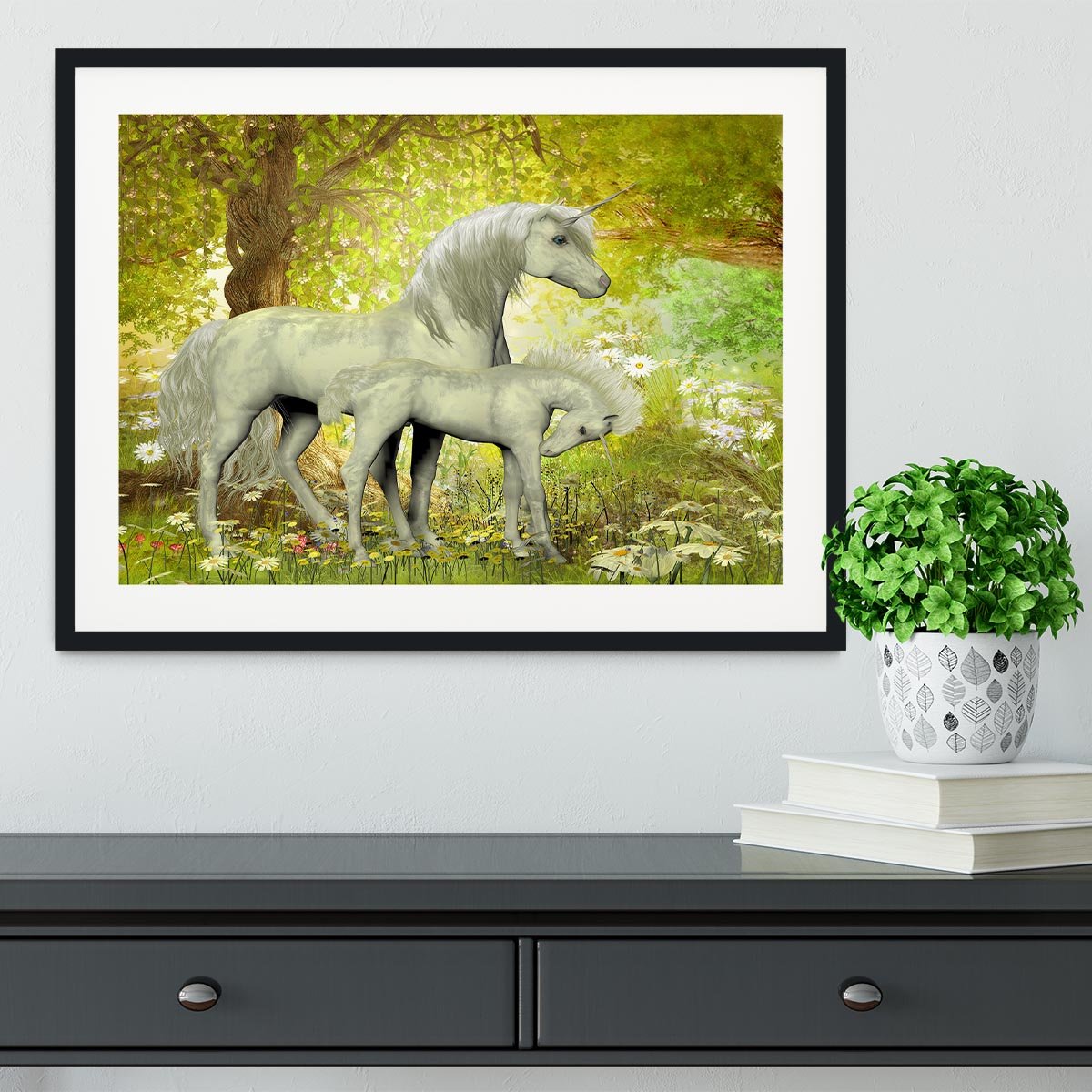 Unicorns and White Daisies Framed Print - Canvas Art Rocks - 1