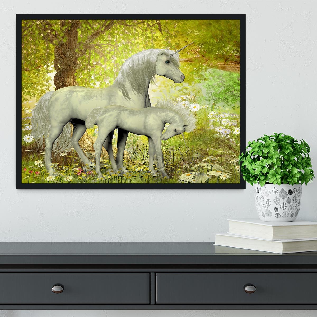 Unicorns and White Daisies Framed Print - Canvas Art Rocks - 2