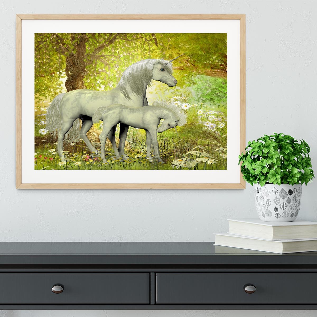 Unicorns and White Daisies Framed Print - Canvas Art Rocks - 3