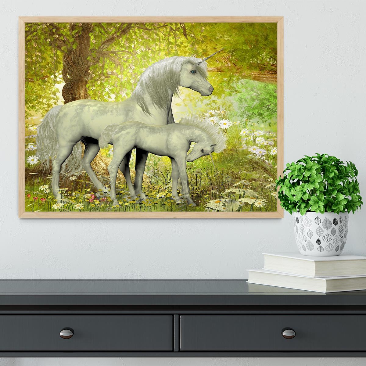 Unicorns and White Daisies Framed Print - Canvas Art Rocks - 4