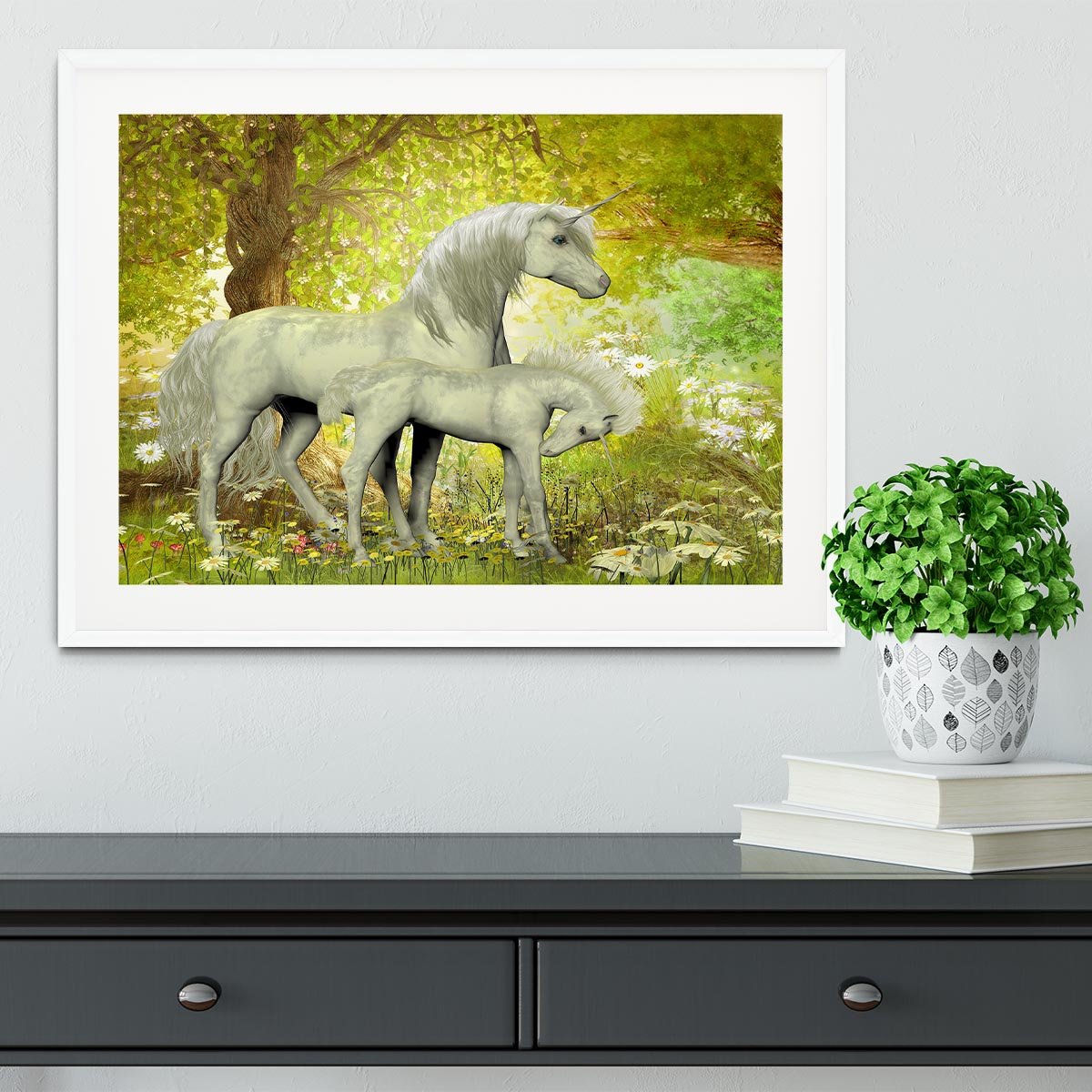 Unicorns and White Daisies Framed Print - Canvas Art Rocks - 5