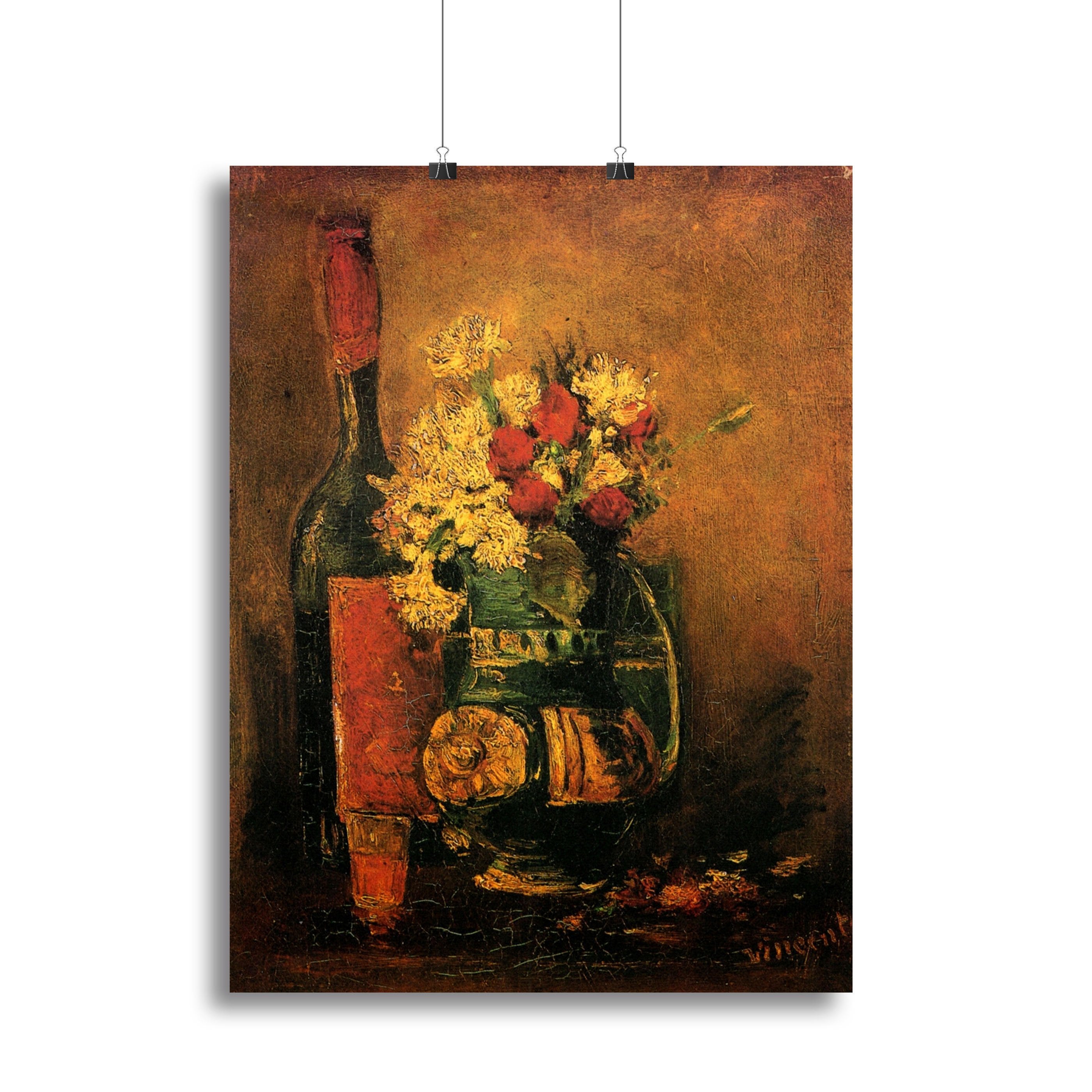 Vase with Carnations and Roses and a Bottle by Van Gogh Canvas Print or Poster