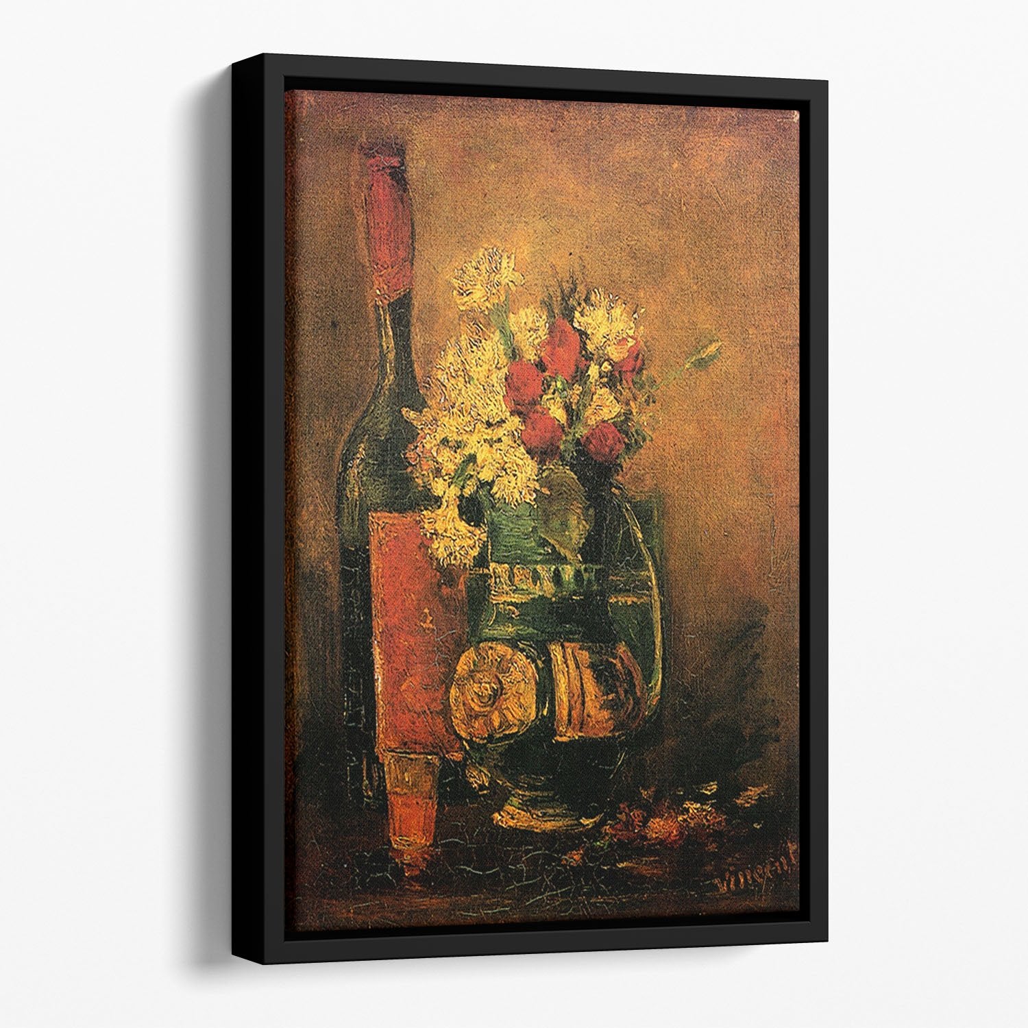 Vase with Carnations and Roses and a Bottle by Van Gogh Floating Framed Canvas