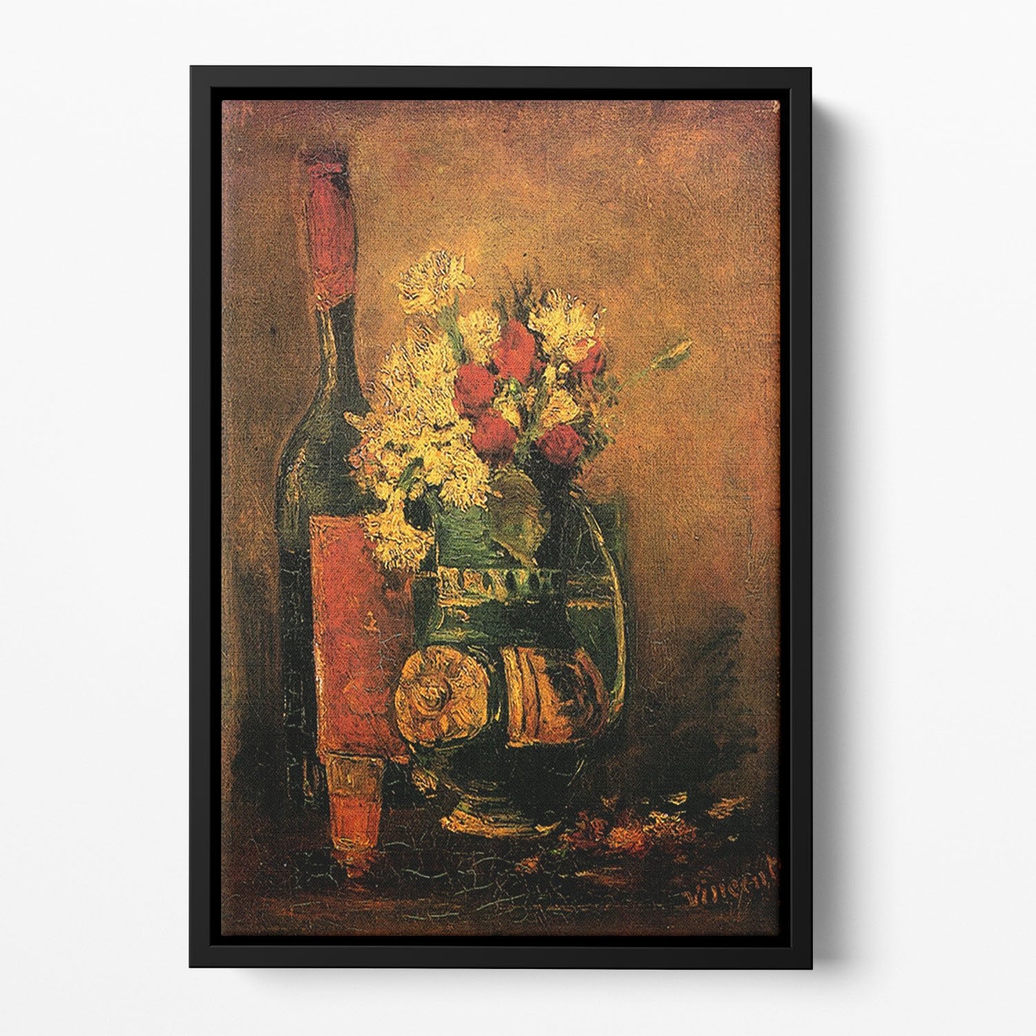 Vase with Carnations and Roses and a Bottle by Van Gogh Floating Framed Canvas
