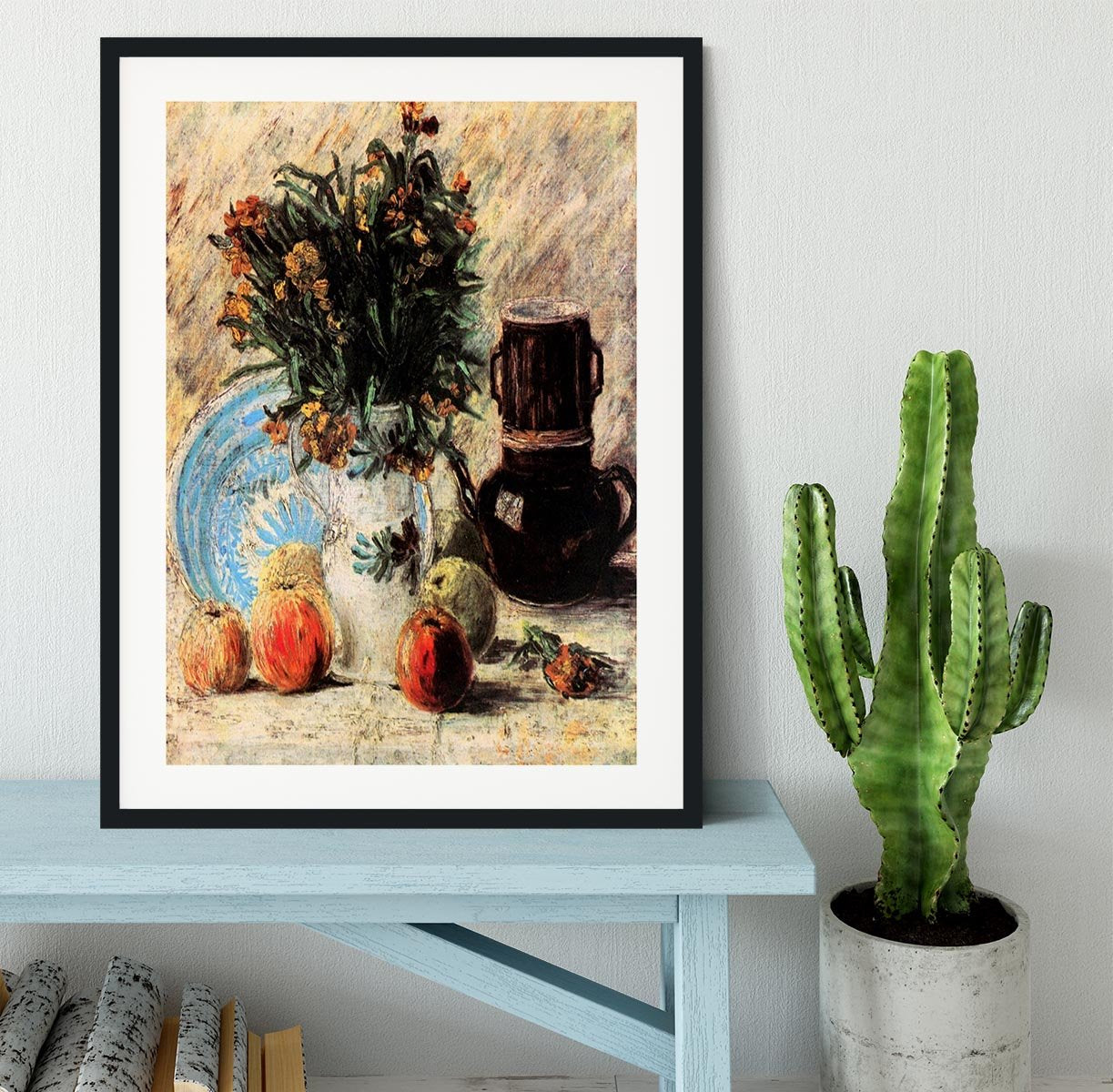 Vase with Flowers Coffeepot and Fruit by Van Gogh Framed Print - Canvas Art Rocks - 1