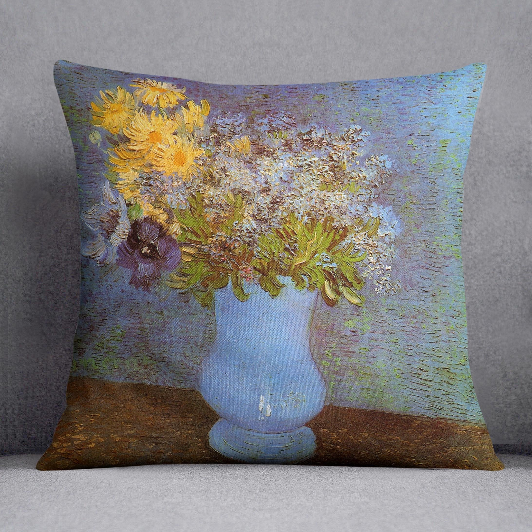 Vase with Lilacs Daisies and Anemones by Van Gogh Throw Pillow