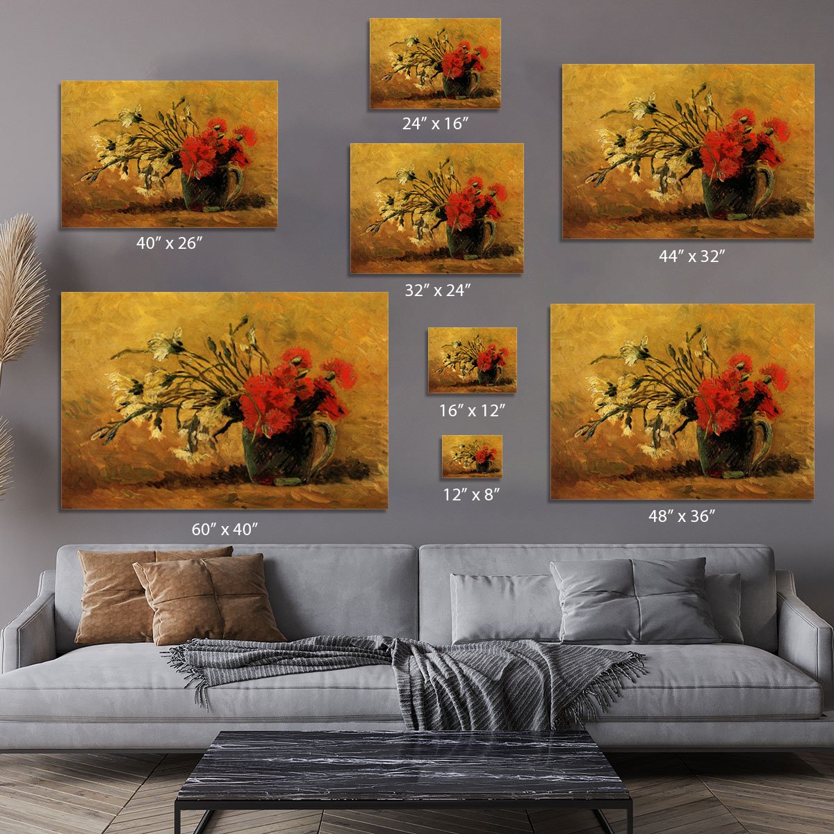Vase with Red and White Carnations on Yellow Background by Van Gogh Canvas Print or Poster