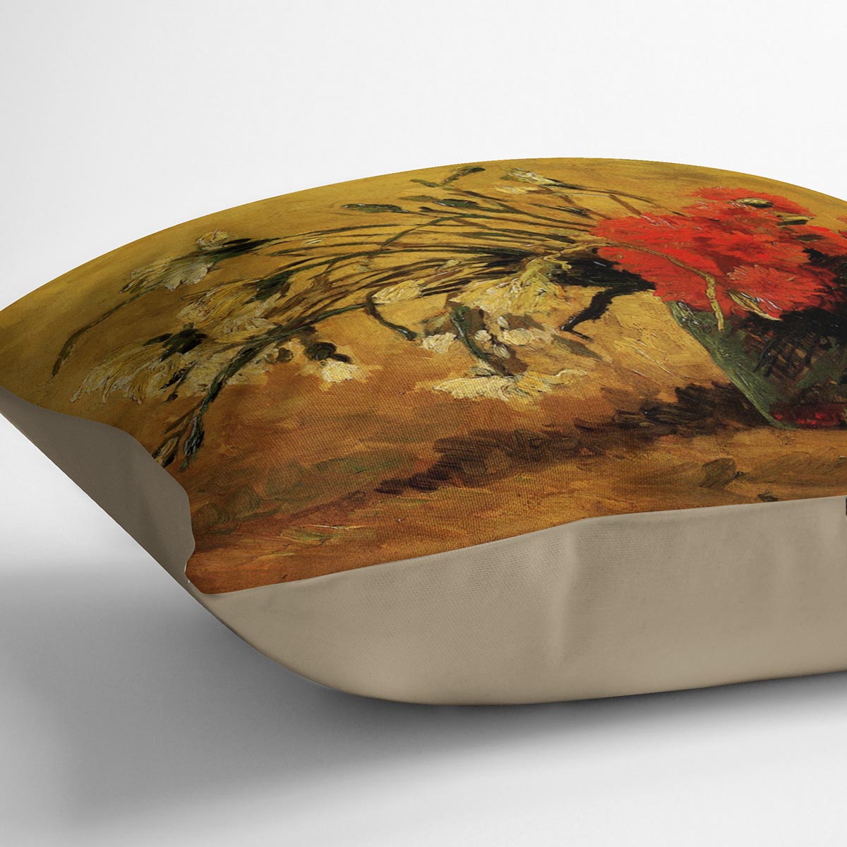 Vase with Red and White Carnations on Yellow Background by Van Gogh Cushion