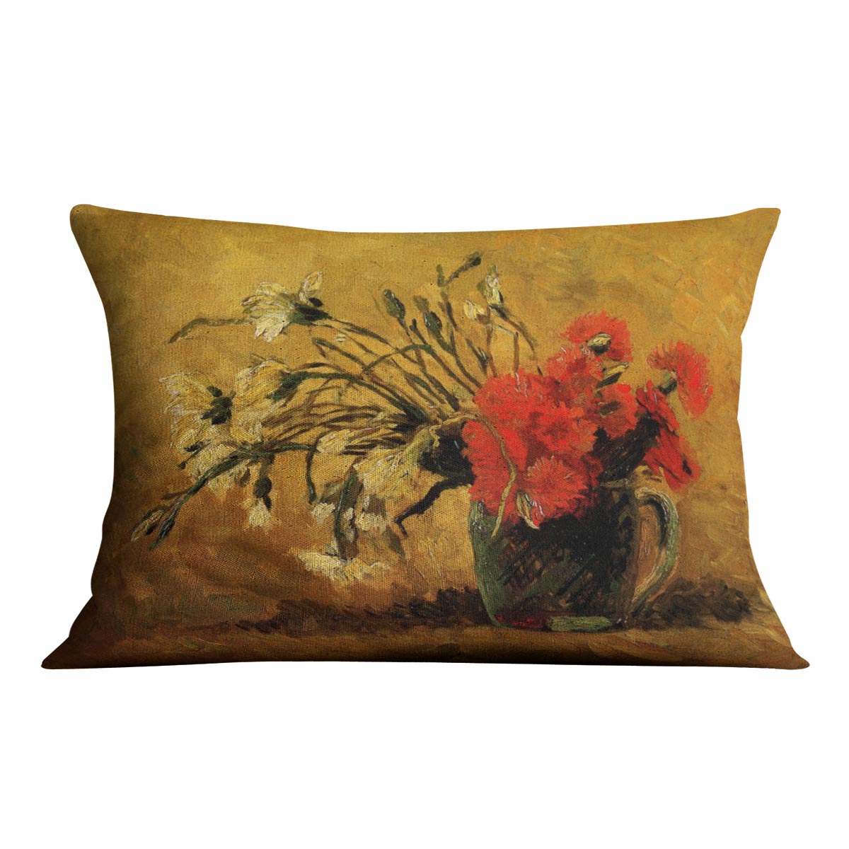 Vase with Red and White Carnations on Yellow Background by Van Gogh Cushion