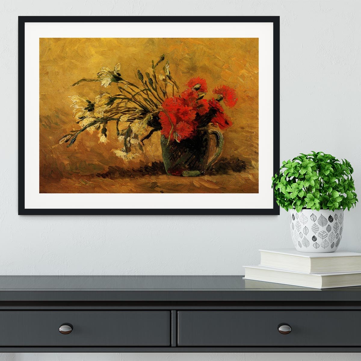 Vase with Red and White Carnations on Yellow Background by Van Gogh Framed Print - Canvas Art Rocks - 1