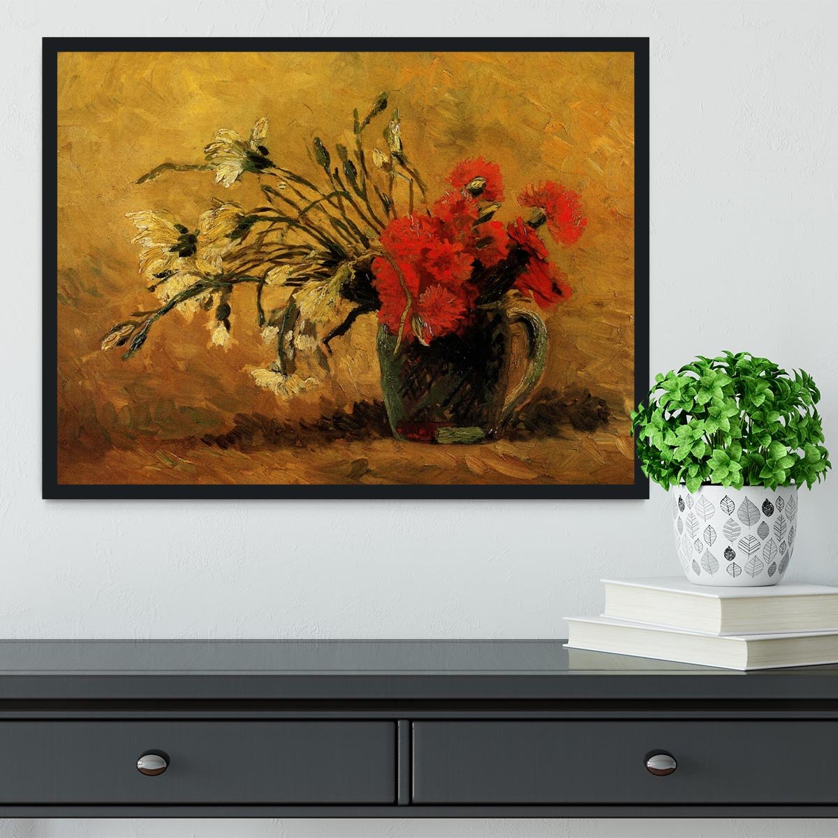 Vase with Red and White Carnations on Yellow Background by Van Gogh Framed Print - Canvas Art Rocks - 2