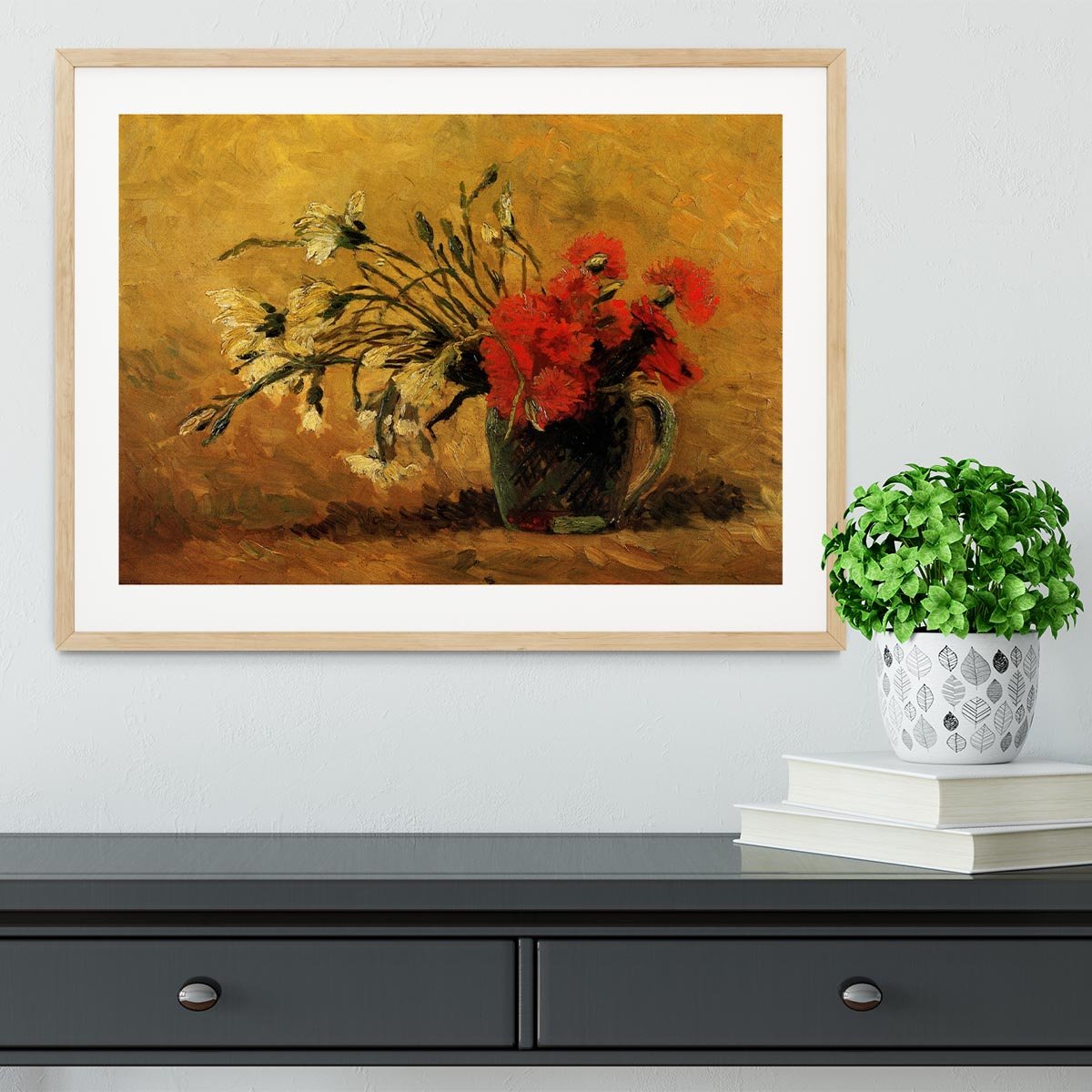Vase with Red and White Carnations on Yellow Background by Van Gogh Framed Print - Canvas Art Rocks - 3