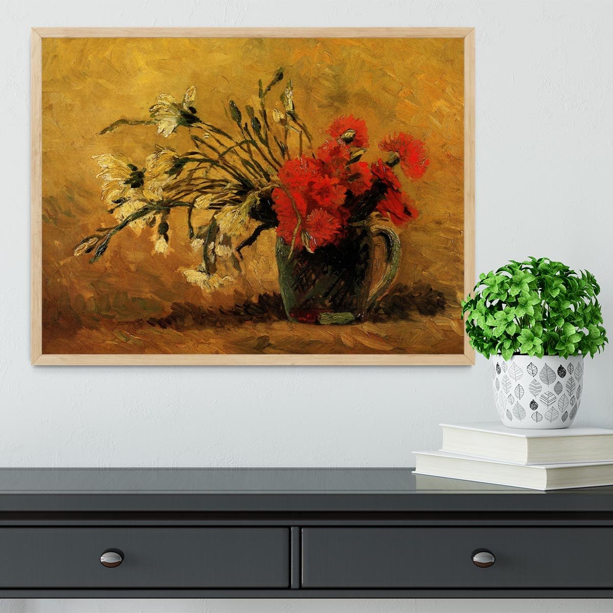 Vase with Red and White Carnations on Yellow Background by Van Gogh Framed Print - Canvas Art Rocks - 4