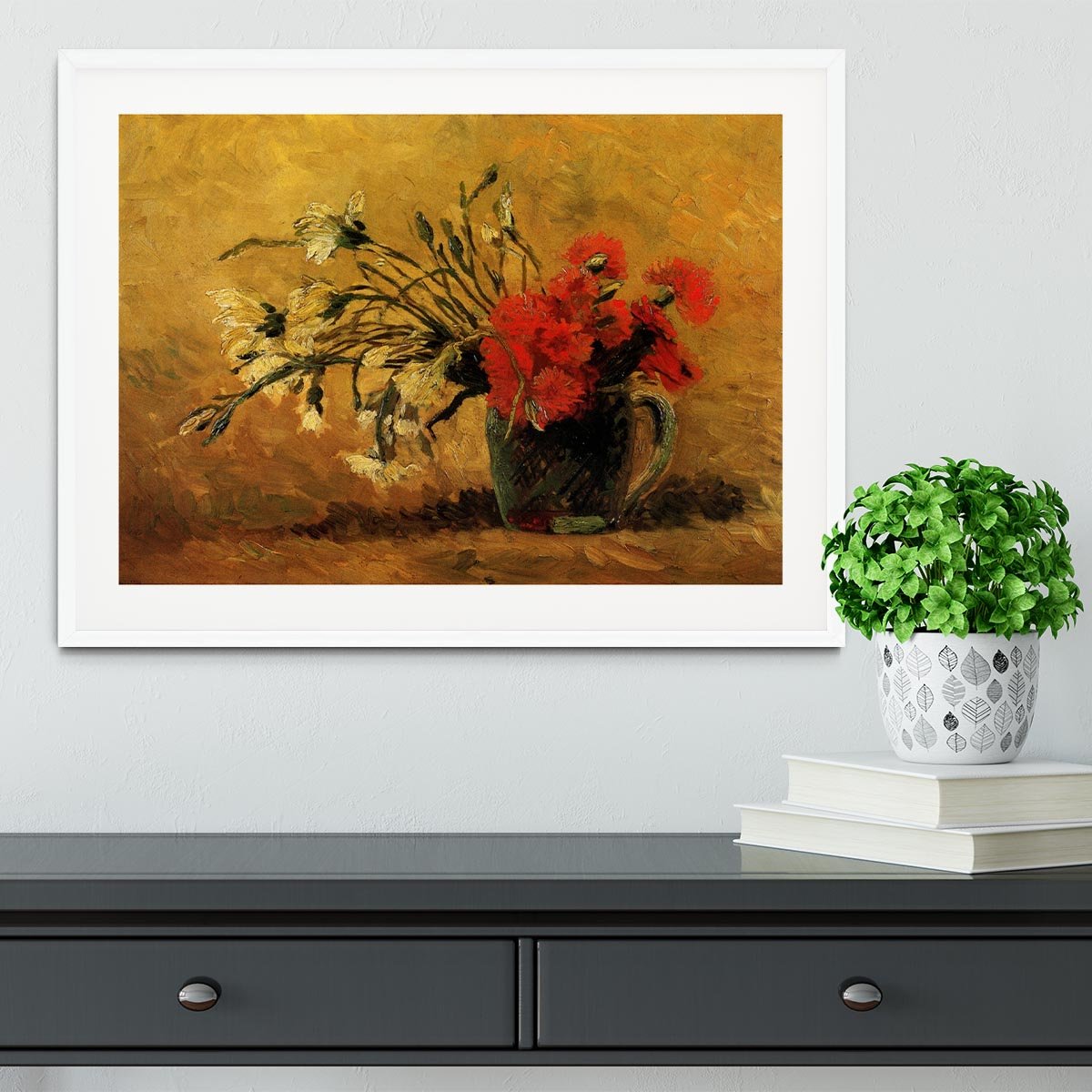 Vase with Red and White Carnations on Yellow Background by Van Gogh Framed Print - Canvas Art Rocks - 5