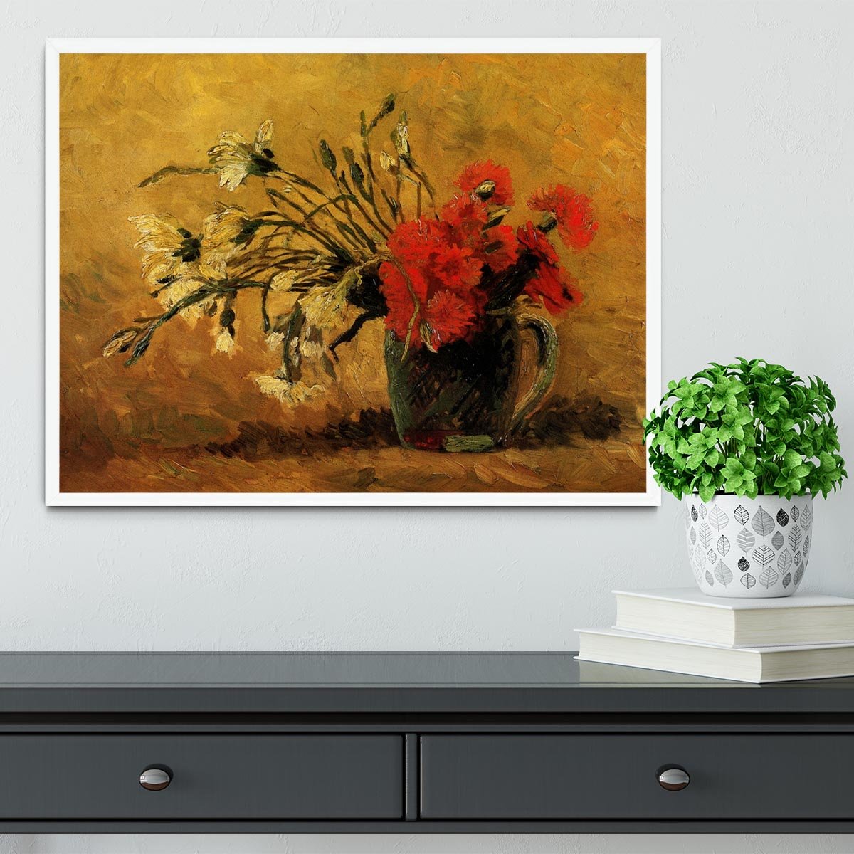 Vase with Red and White Carnations on Yellow Background by Van Gogh Framed Print - Canvas Art Rocks -6