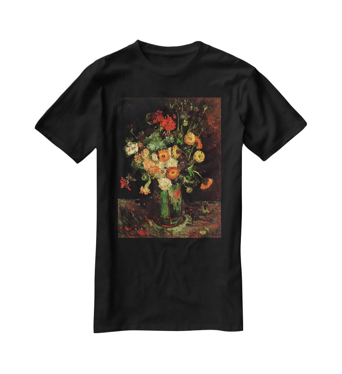 Vase with Zinnias and Geraniums by Van Gogh T-Shirt - Canvas Art Rocks - 1