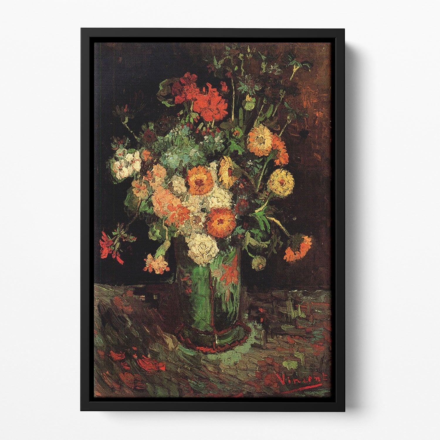 Vase with Zinnias and Geraniums by Van Gogh Floating Framed Canvas