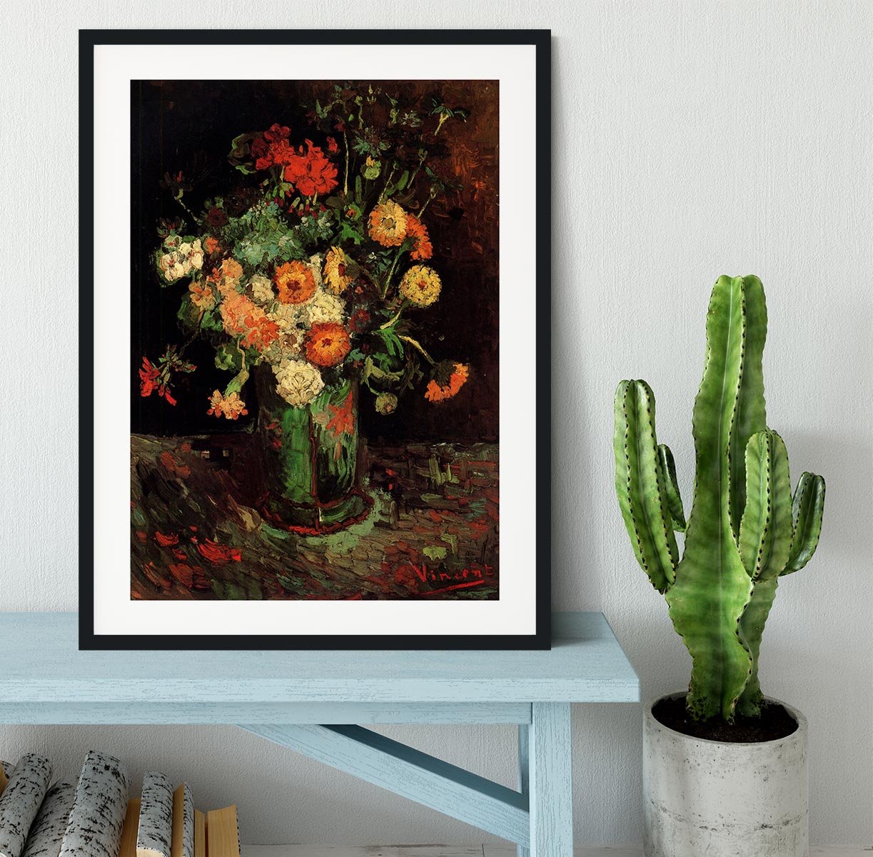 Vase with Zinnias and Geraniums by Van Gogh Framed Print - Canvas Art Rocks - 1