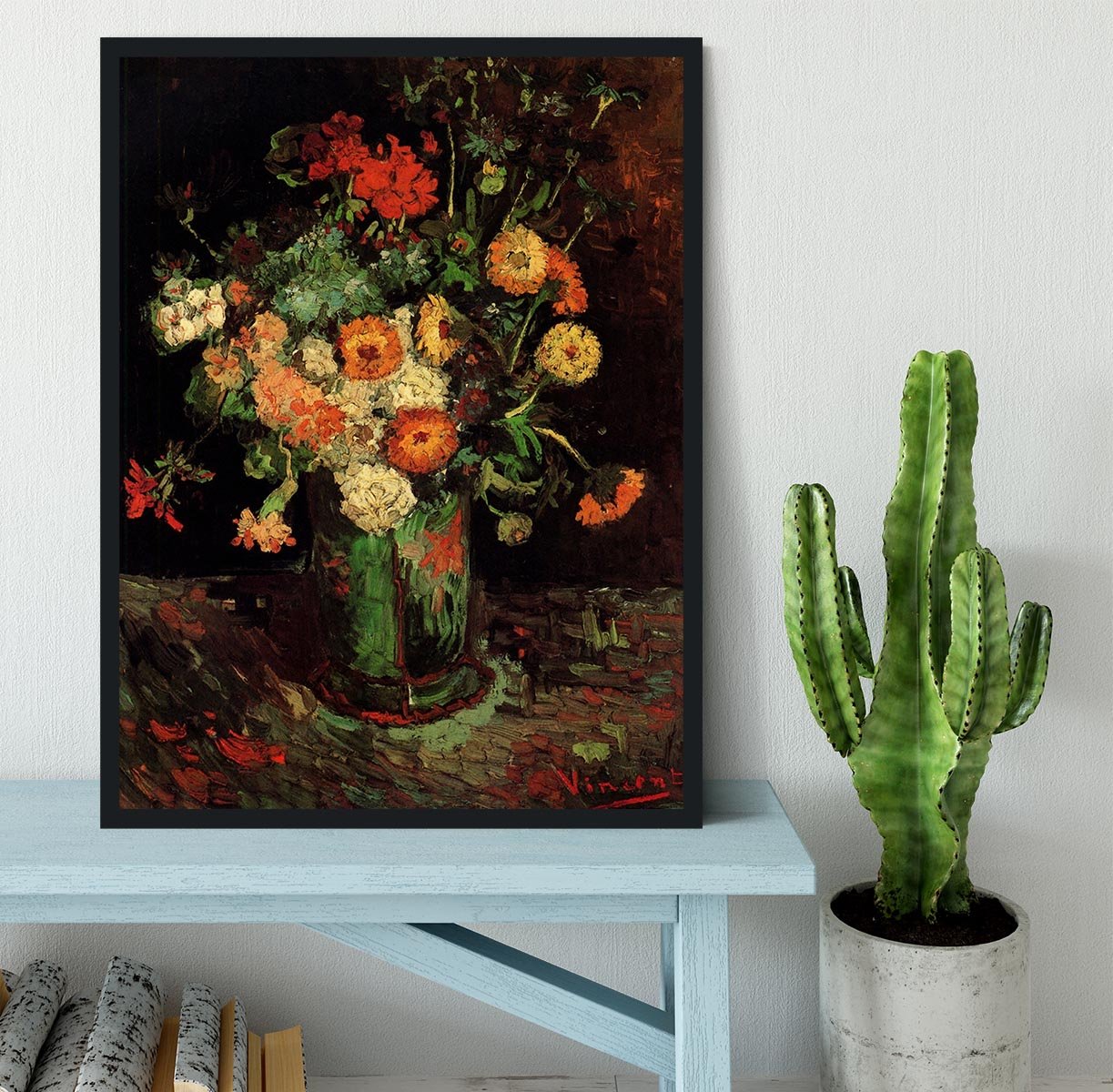 Vase with Zinnias and Geraniums by Van Gogh Framed Print - Canvas Art Rocks - 2