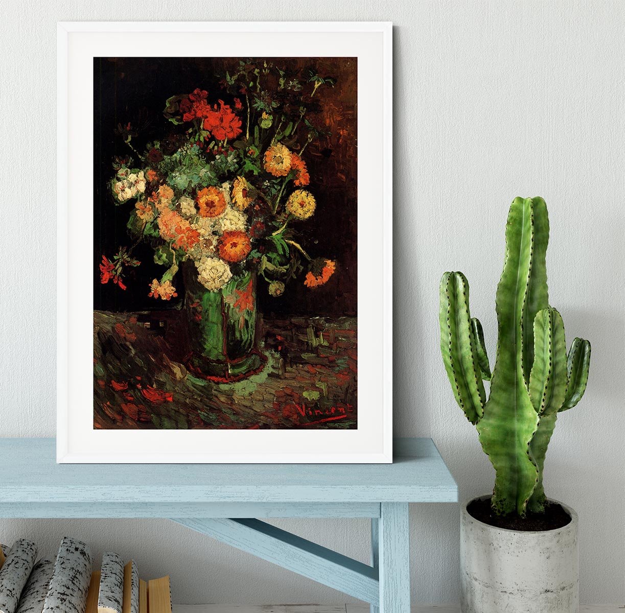 Vase with Zinnias and Geraniums by Van Gogh Framed Print - Canvas Art Rocks - 5