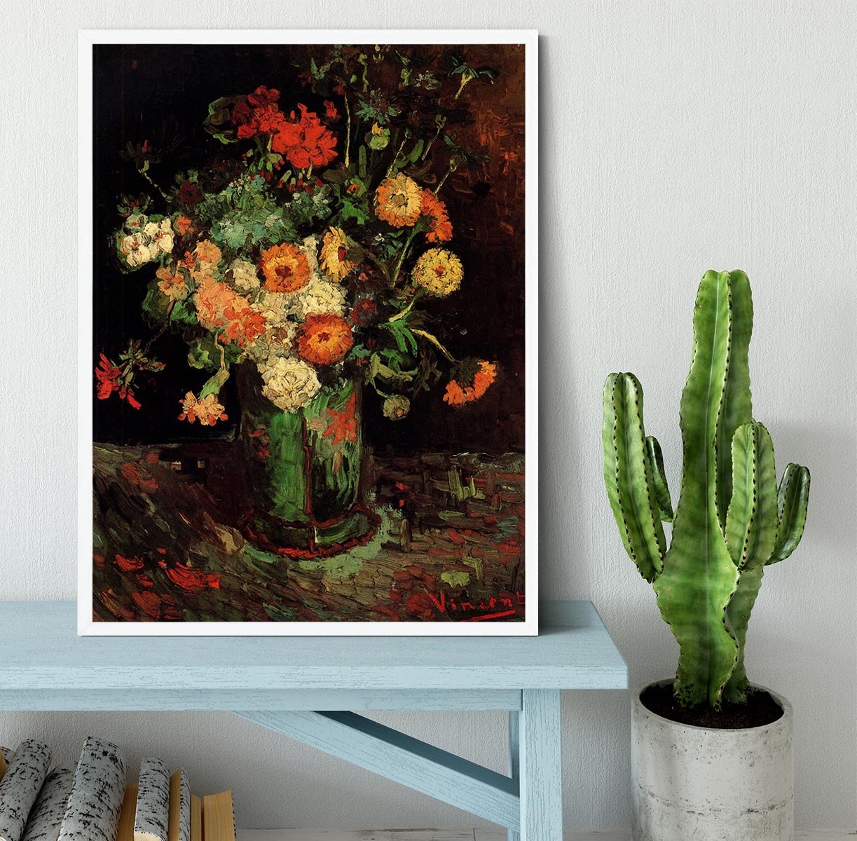 Vase with Zinnias and Geraniums by Van Gogh Framed Print - Canvas Art Rocks -6