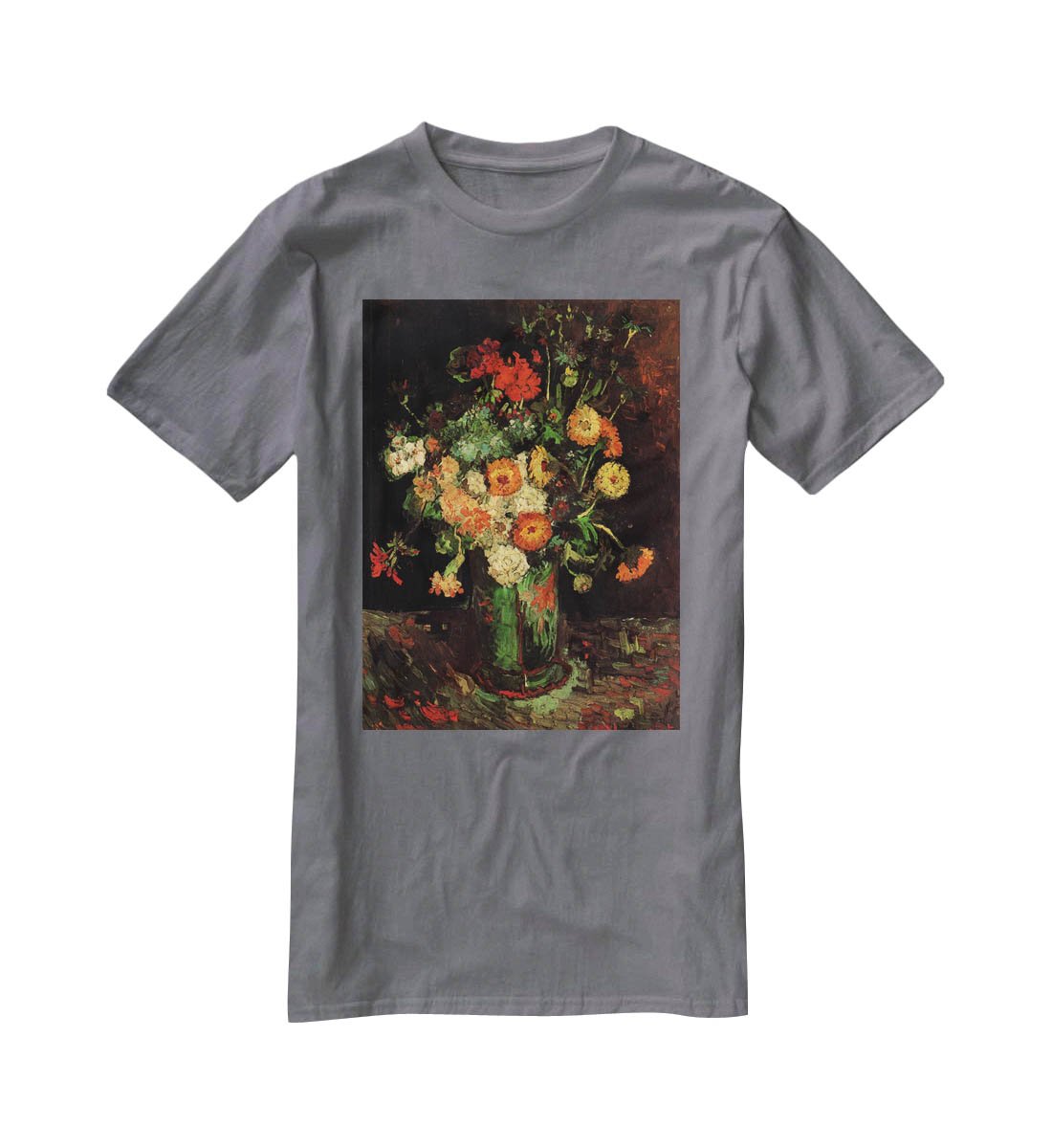 Vase with Zinnias and Geraniums by Van Gogh T-Shirt - Canvas Art Rocks - 3
