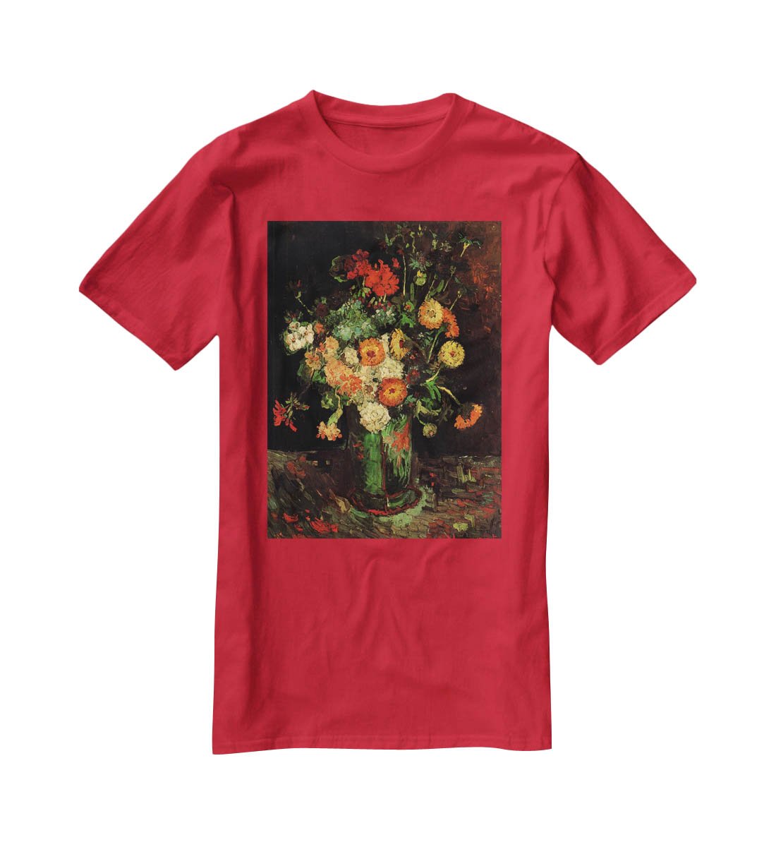 Vase with Zinnias and Geraniums by Van Gogh T-Shirt - Canvas Art Rocks - 4