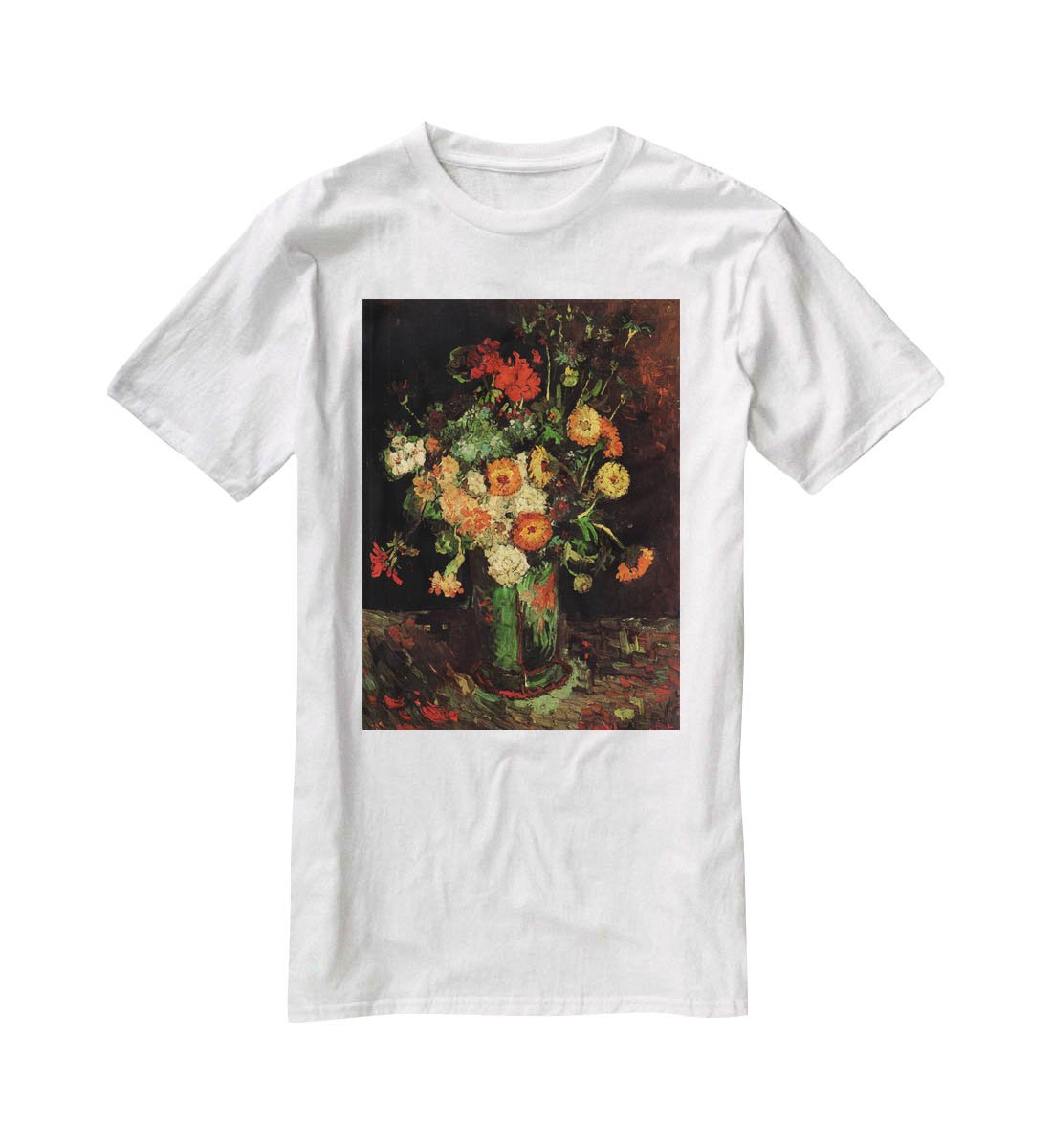 Vase with Zinnias and Geraniums by Van Gogh T-Shirt - Canvas Art Rocks - 5