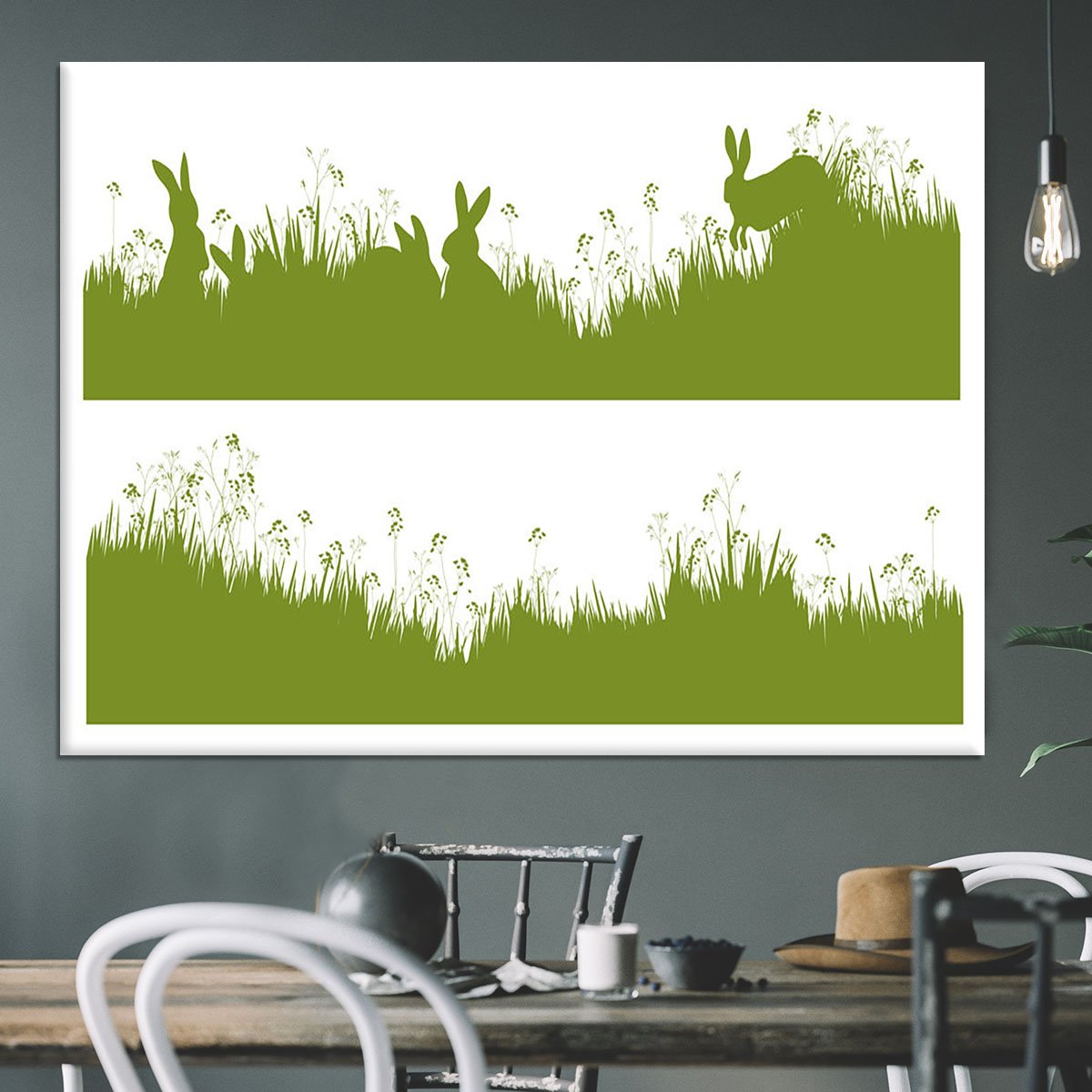 Vector silhouette rabbits in grass background Canvas Print or Poster