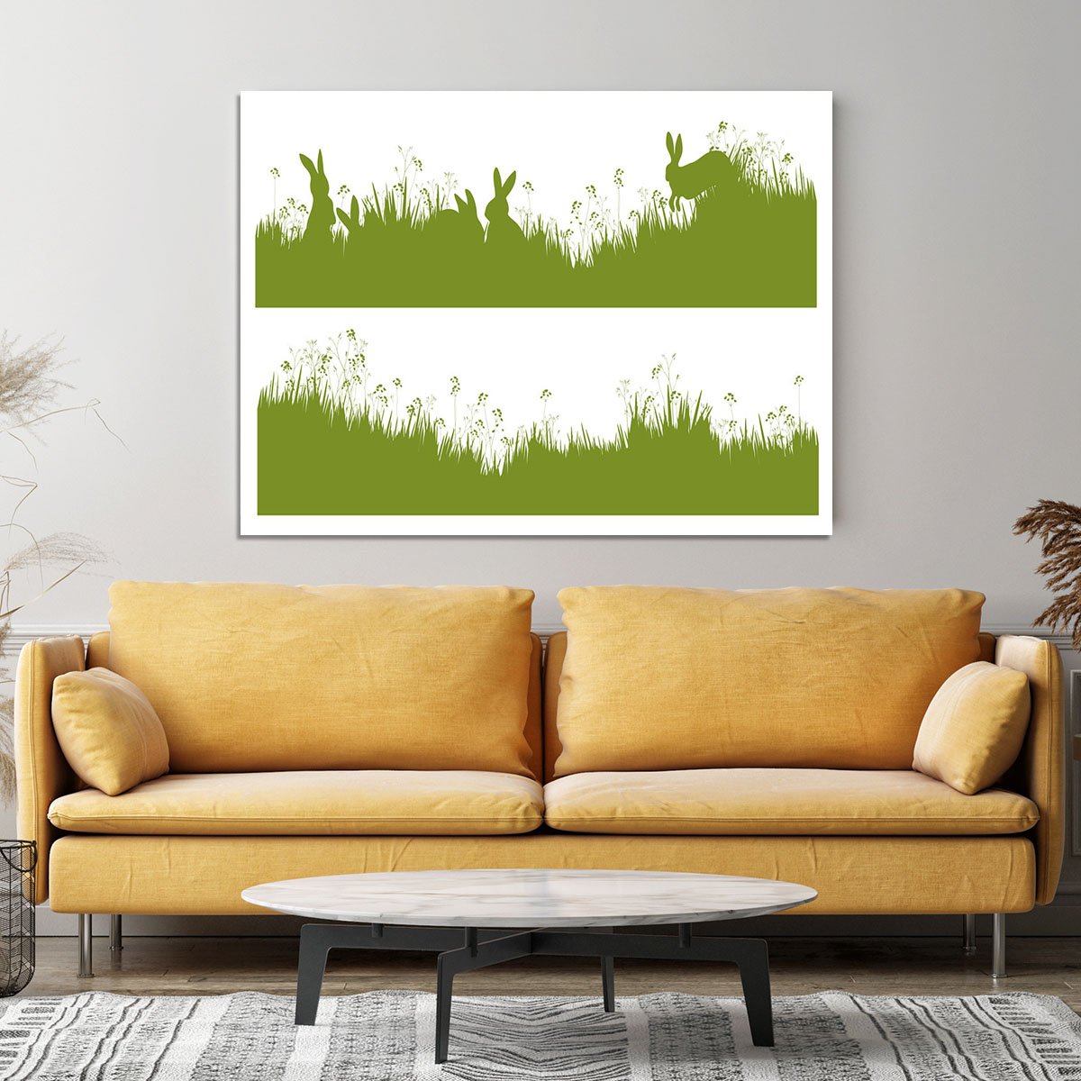 Vector silhouette rabbits in grass background Canvas Print or Poster
