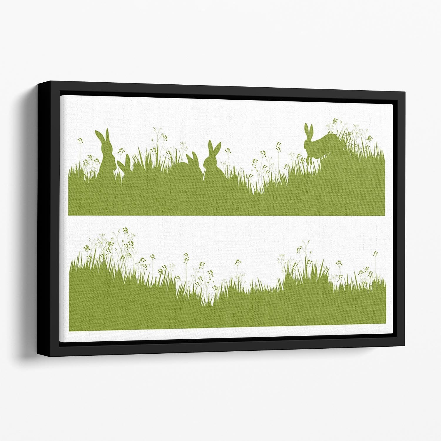 Vector silhouette rabbits in grass background Floating Framed Canvas - Canvas Art Rocks - 1