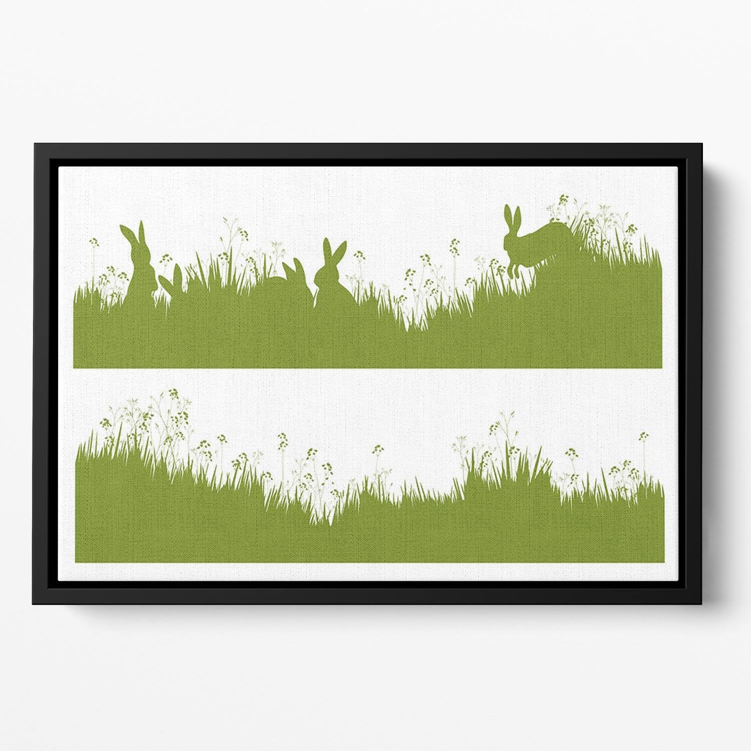 Vector silhouette rabbits in grass background Floating Framed Canvas - Canvas Art Rocks - 2