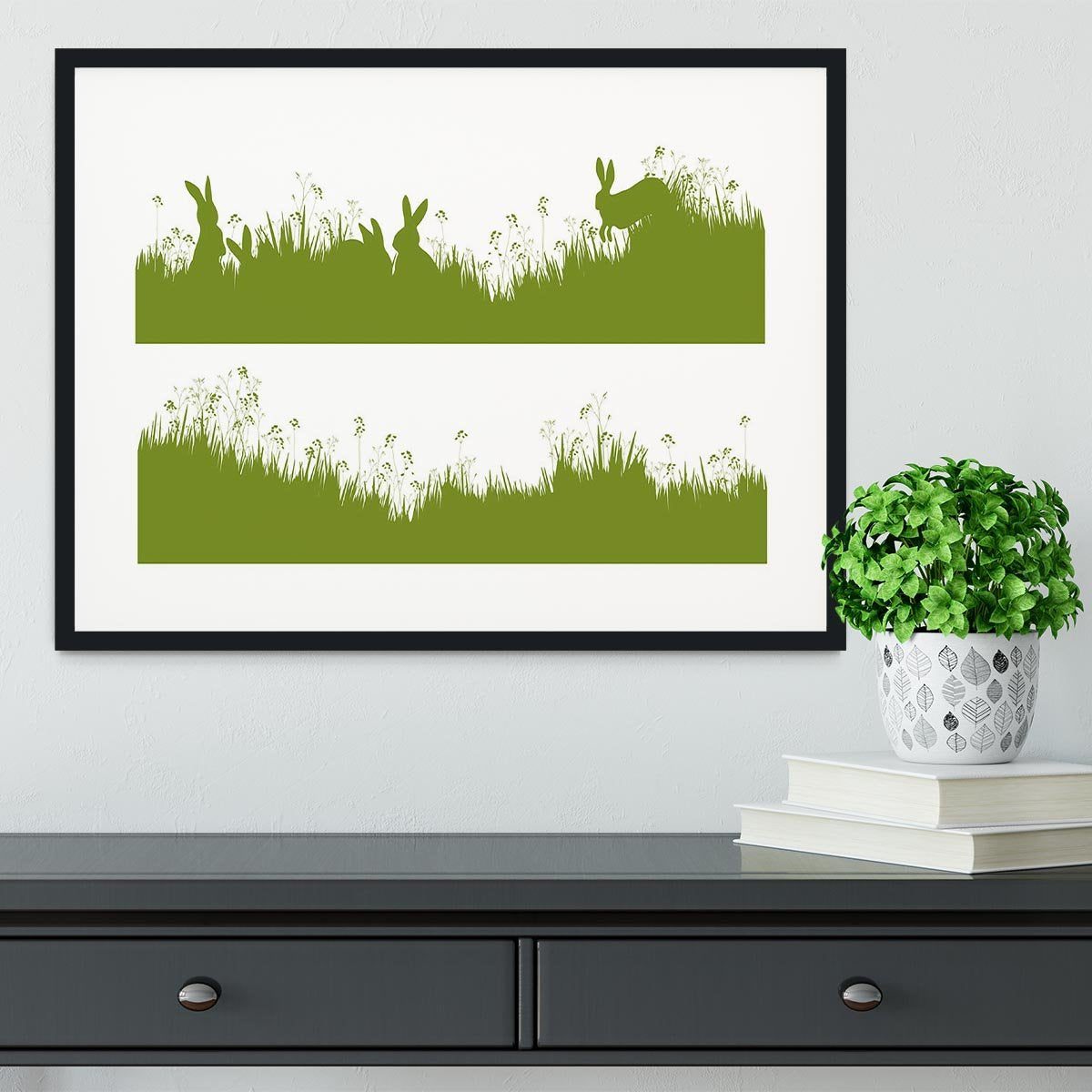 Vector silhouette rabbits in grass background Framed Print - Canvas Art Rocks - 1