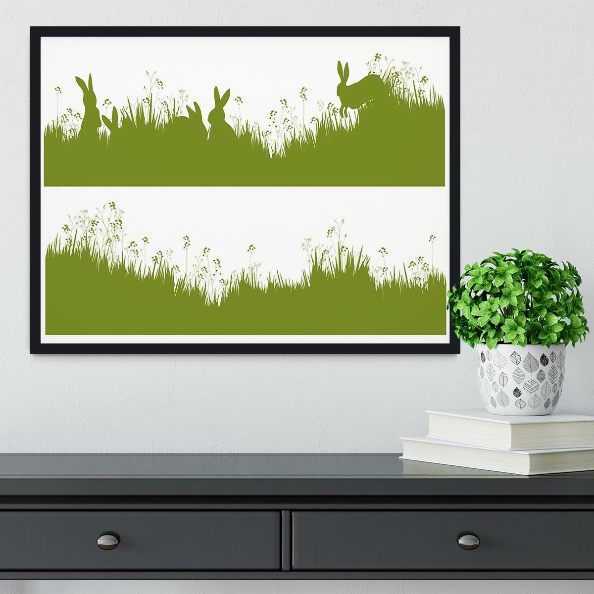 Vector silhouette rabbits in grass background Framed Print - Canvas Art Rocks - 2
