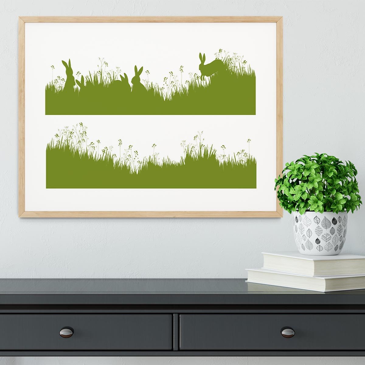 Vector silhouette rabbits in grass background Framed Print - Canvas Art Rocks - 3