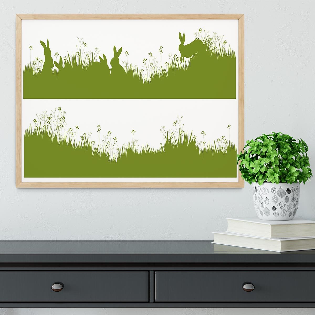 Vector silhouette rabbits in grass background Framed Print - Canvas Art Rocks - 4