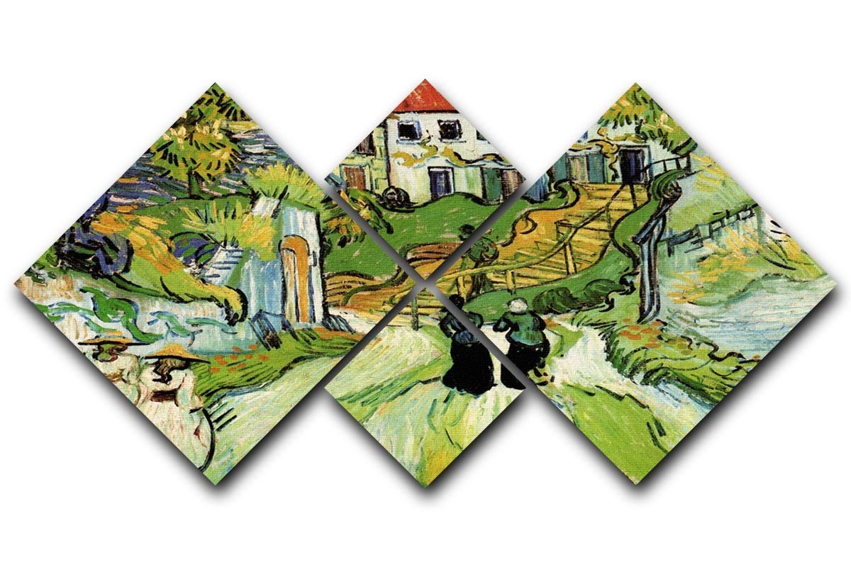 Village Street and Steps in Auvers with Figures by Van Gogh 4 Square Multi Panel Canvas  - Canvas Art Rocks - 1