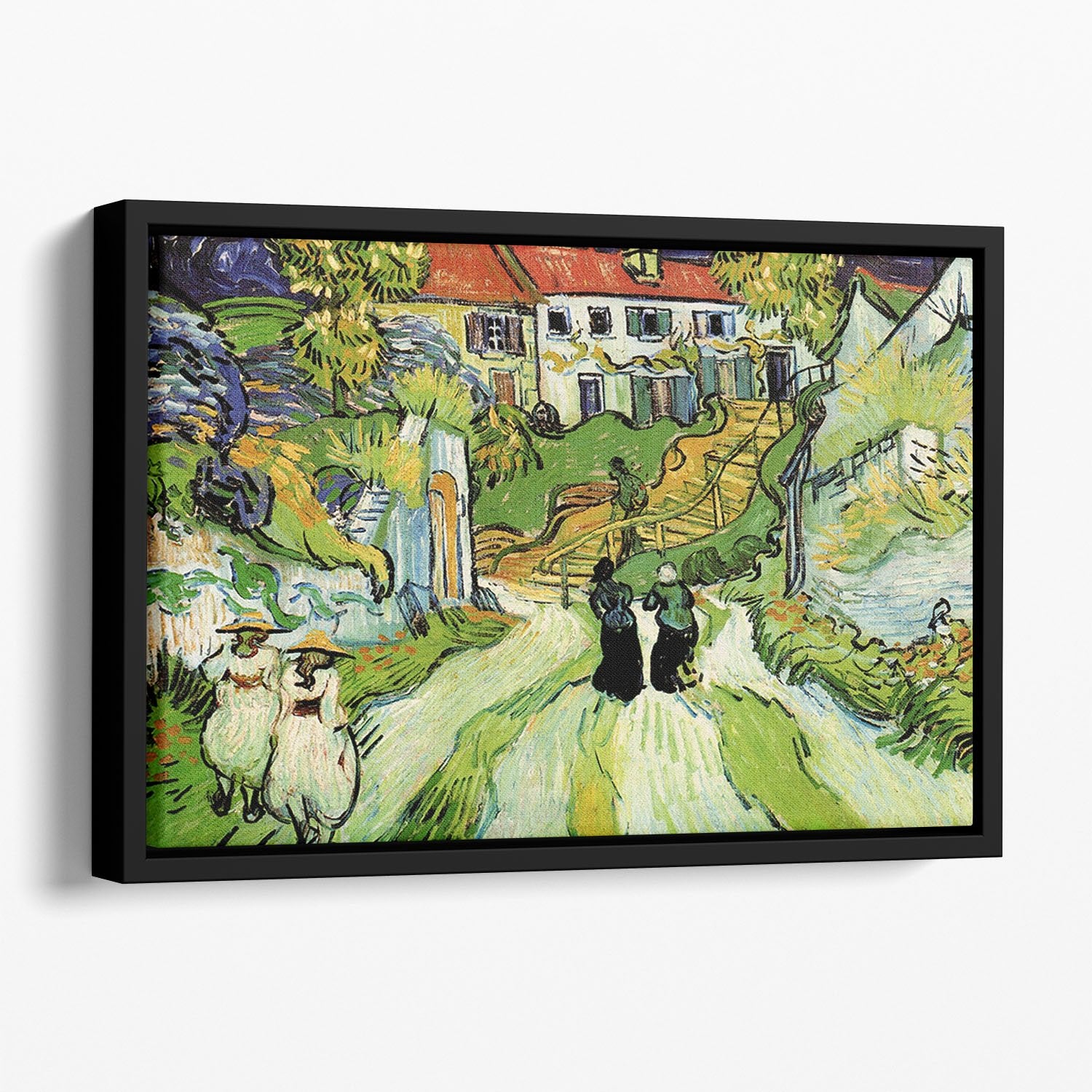 Village Street and Steps in Auvers with Figures by Van Gogh Floating Framed Canvas