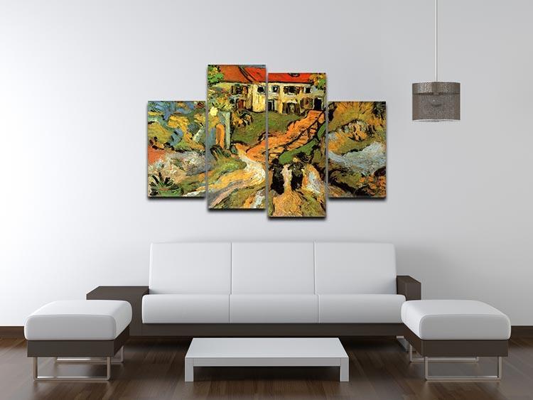 Village Street and Steps in Auvers with Two Figures by Van Gogh 4 Split Panel Canvas - Canvas Art Rocks - 3