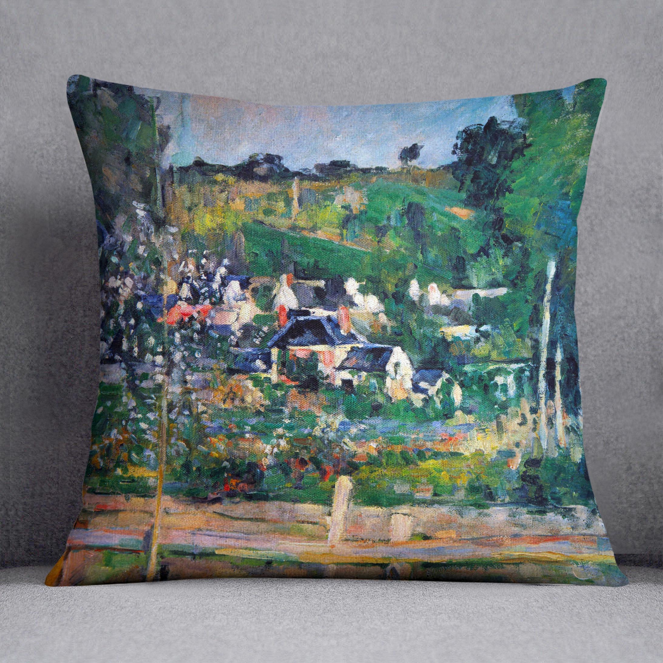 Village behind the view of Auvers-sur-Oise The Fence by Cezanne Cushion - Canvas Art Rocks - 1