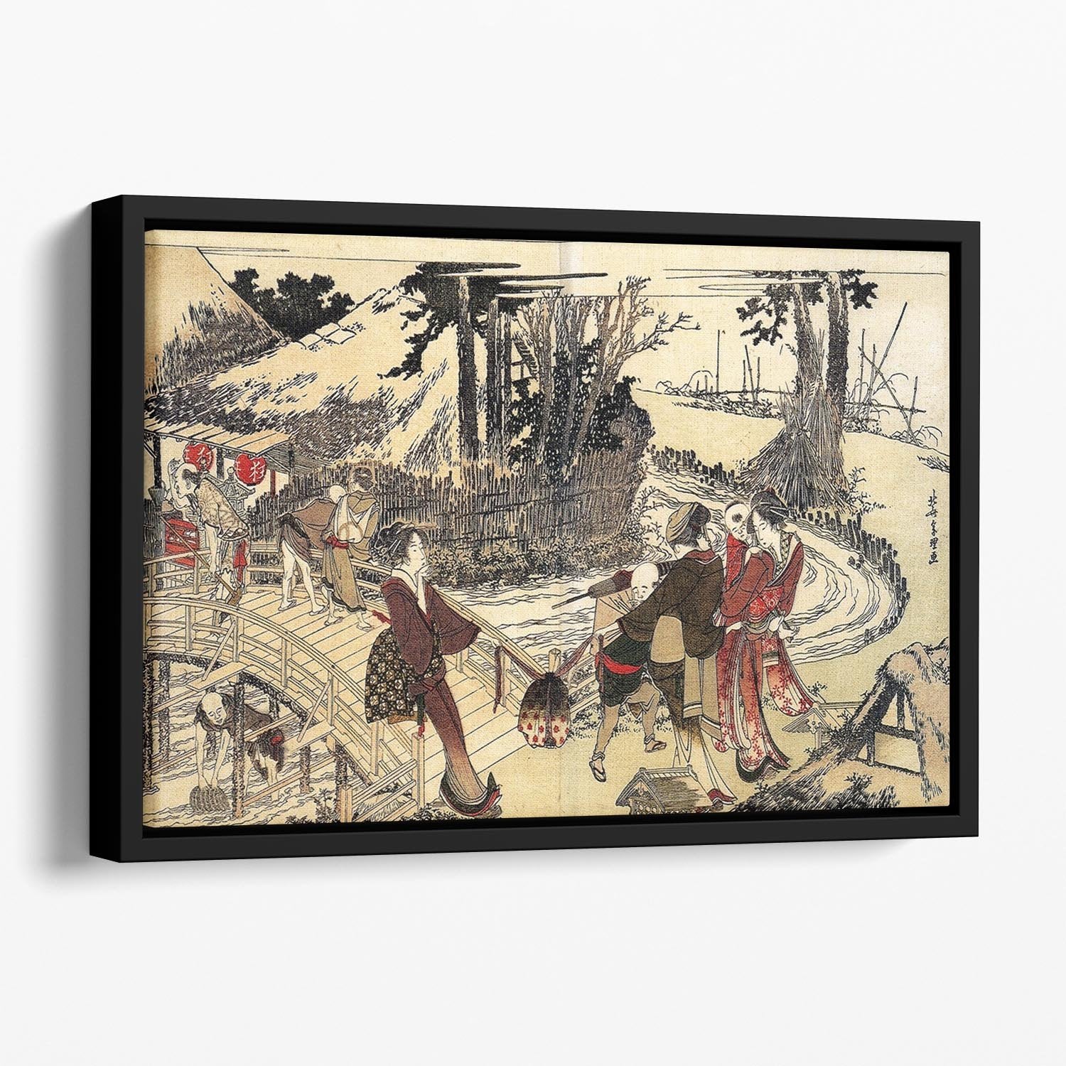 Village near a bridge by Hokusai Floating Framed Canvas