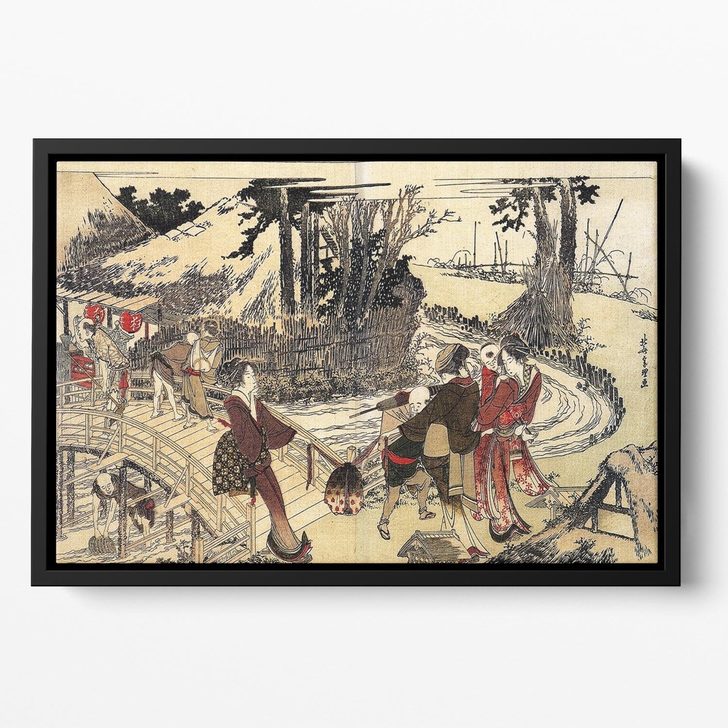Village near a bridge by Hokusai Floating Framed Canvas