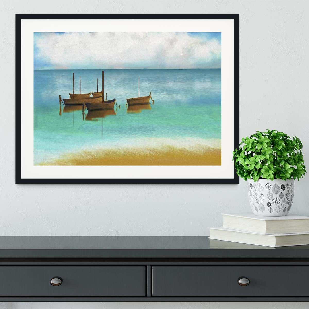 Watercolour Beach Scene Framed Print - Canvas Art Rocks - 1