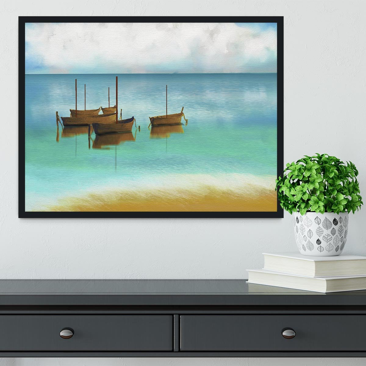Watercolour Beach Scene Framed Print - Canvas Art Rocks - 2