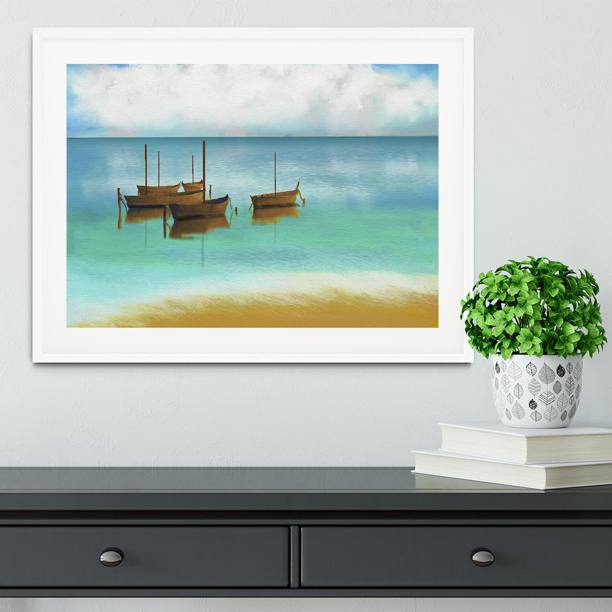 Watercolour Beach Scene Framed Print - Canvas Art Rocks - 5