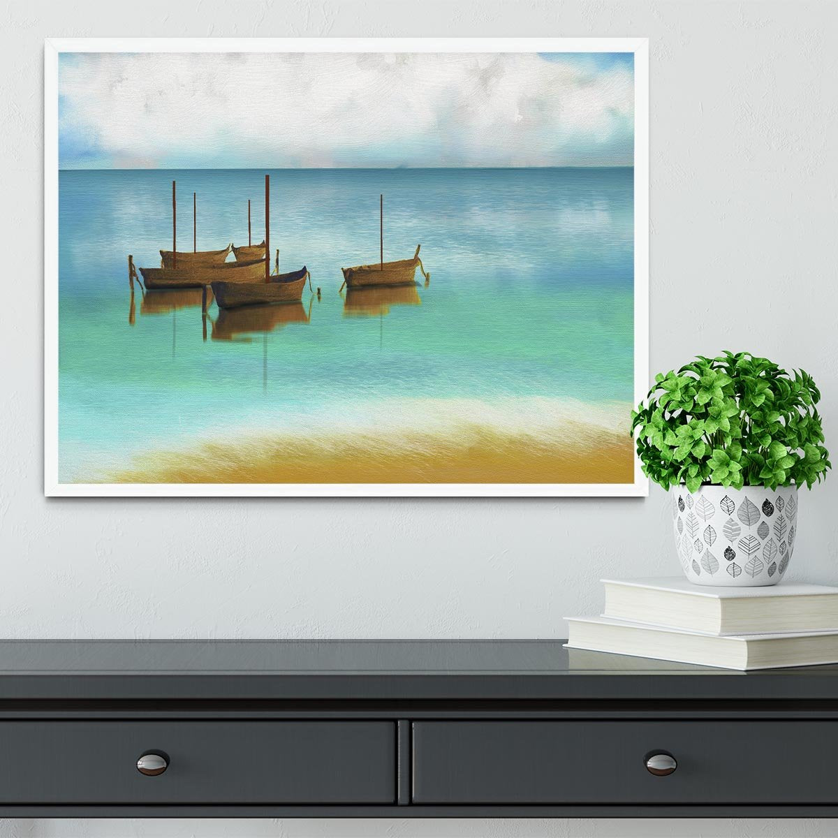 Watercolour Beach Scene Framed Print - Canvas Art Rocks -6