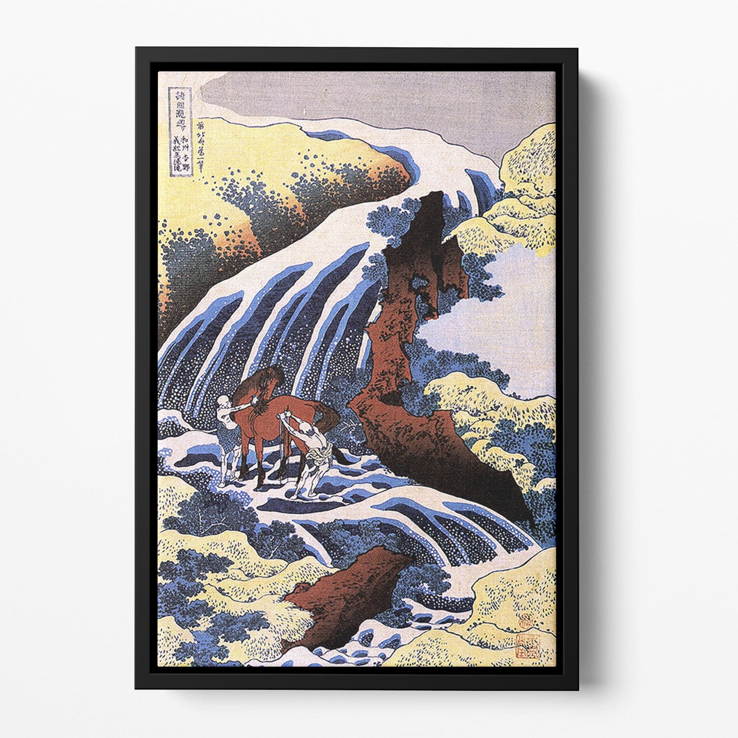 Waterfall and horse washing by Hokusai Floating Framed Canvas