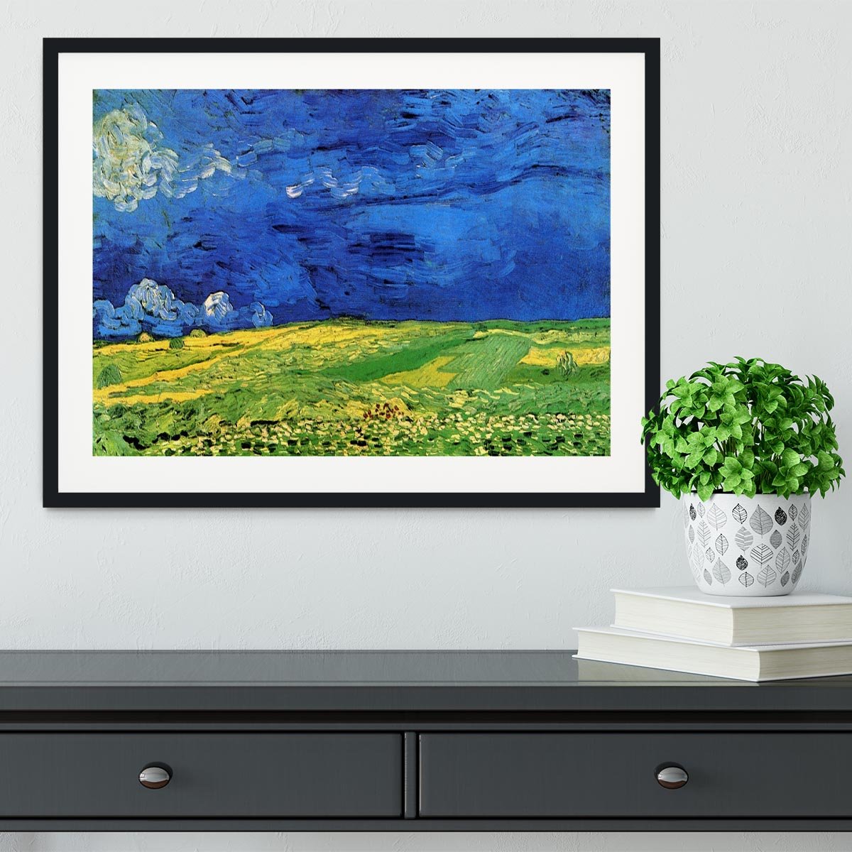 Wheat Field Under Clouded Sky by Van Gogh Framed Print - Canvas Art Rocks - 1