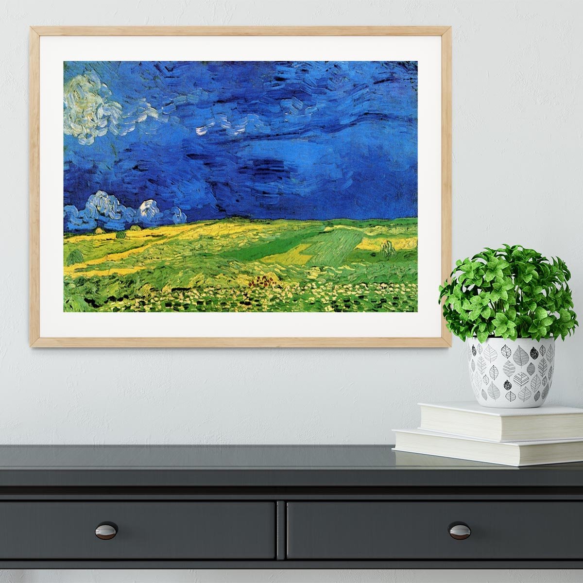 Wheat Field Under Clouded Sky by Van Gogh Framed Print - Canvas Art Rocks - 3